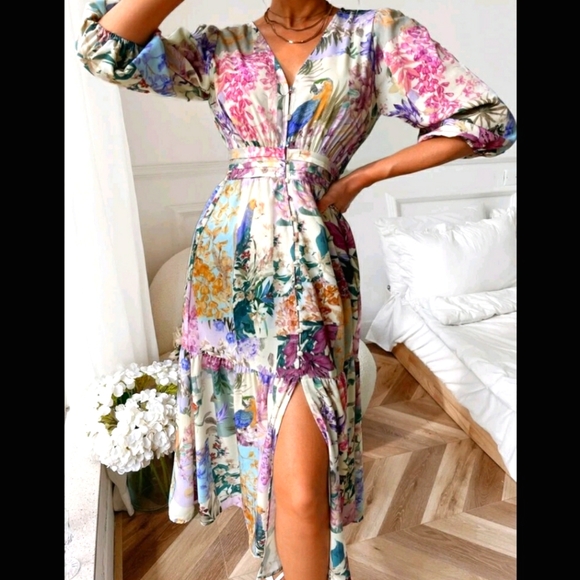 Floral Animal Print Split Thigh Midi Dress - Picture 3 of 9